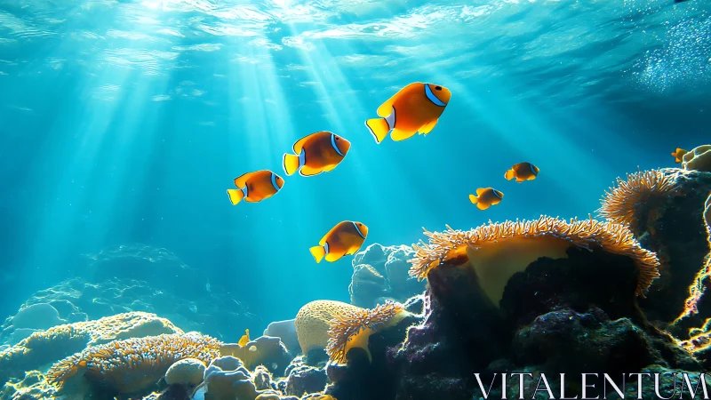 Clownfish glide through sunlit coral reef sanctuary.
