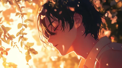 Sunlit quiet moment with soft falling petals and calm eyes.