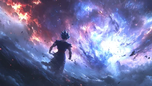 Silhouetted fighter confronts massive cosmic energy vortex