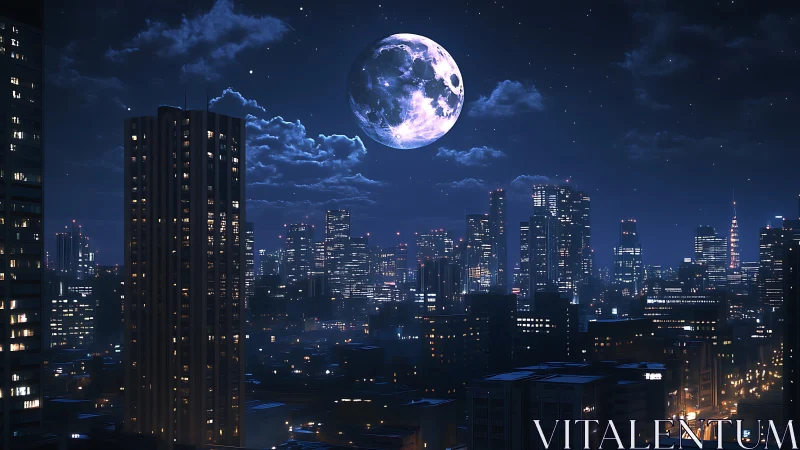 Moonlit city skyline glowing under a dreamy midnight sky.