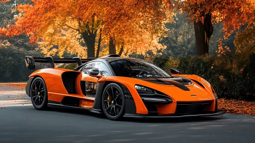 Orange track-focused hypercar under vivid autumn foliage