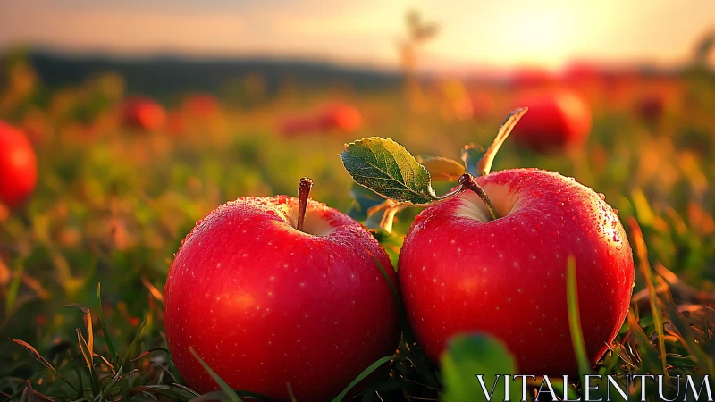 Two red apples rest on grass in shallow depth of field