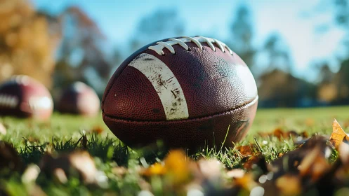 Warm autumn football waits on a sunlit field for play