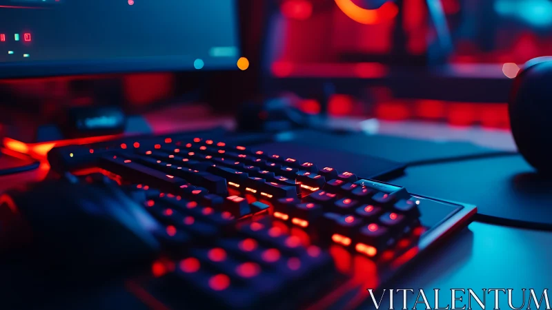 Mechanical gaming keyboard glows under red and blue lighting
