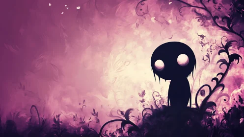 Shadow figure in glowing violet fantasy forest scene.