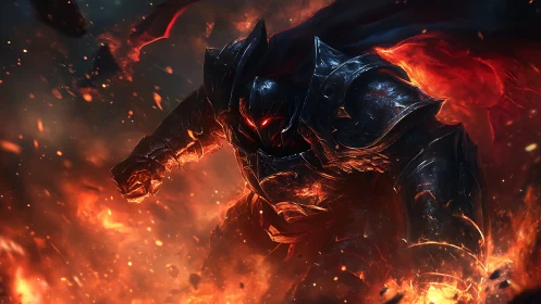 Armored dark figure advancing through intense molten fire.