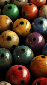 Weathered multicolored bowling balls in dense close-up view.