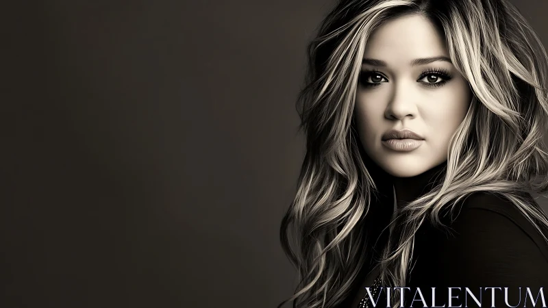 Monochrome closeup portrait of woman with wavy highlighted hair