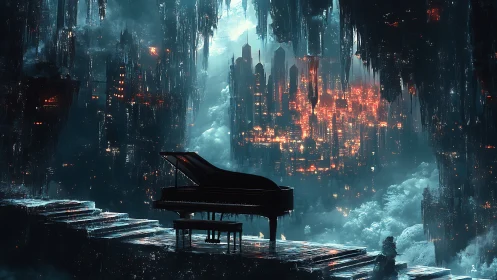 Midnight piano composes neon hymns for a cavernous city