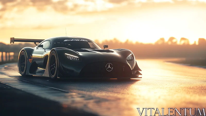 Sunlit black race car stalks the glowing horizon at dawn.