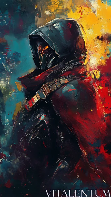 Hooded sci fi warrior in red cloak against abstract flames.