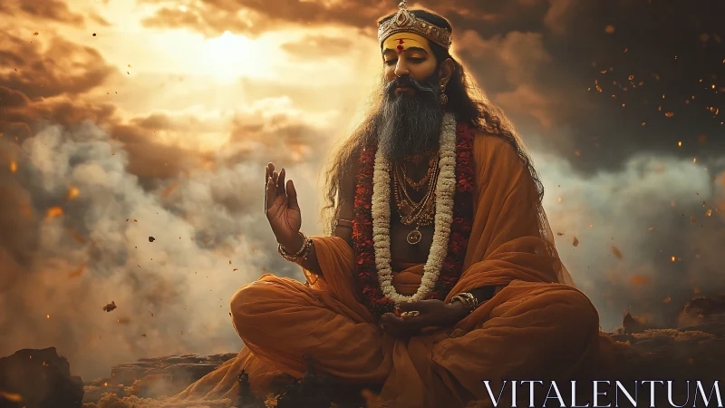 Meditating sage rests in glowing sunset clouds of divinity