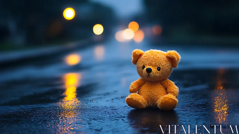 Soft teddy bear waits alone on a rainy, neon-lit street
