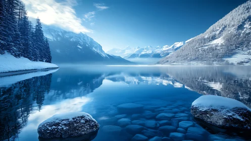 Snowy alpine lake reflects mountains under clear blue sky
