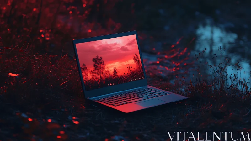 Open laptop illuminated by red bi-color dusk lighting outdoors