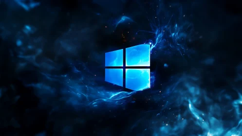 Windows logo glows within electric blue cosmic nebula.