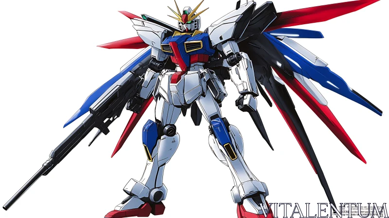 Winged mecha champion poised for luminous orbital battle.