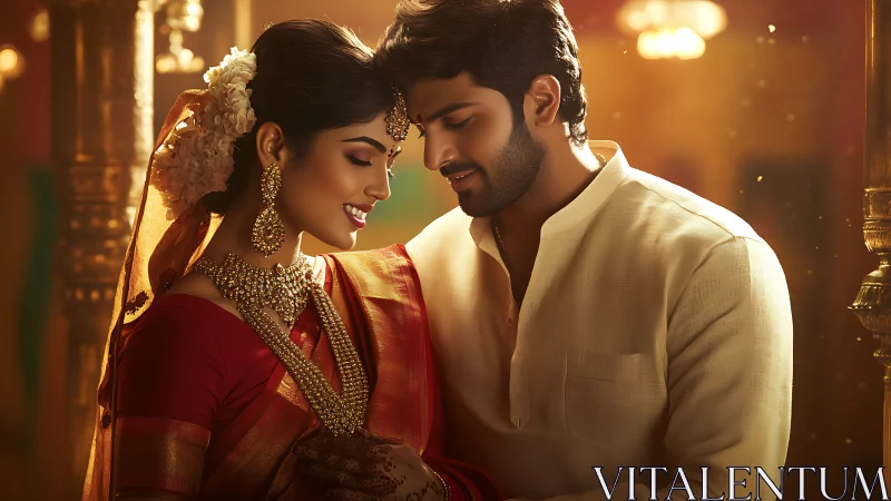 Warmly lit Indian couple in traditional wedding attire embracing