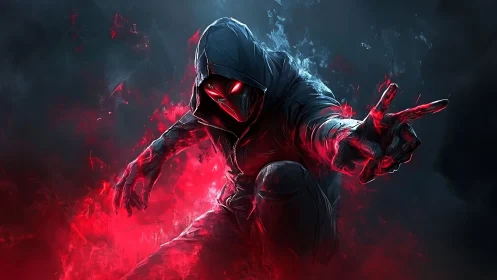 Hooded red energy figure crouching in dark smoke field.