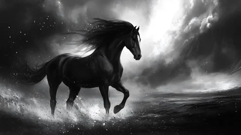Dynamic black stallion rendered in high contrast monochrome motion