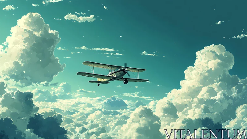 Lone vintage biplane drifting through towering teal clouds.