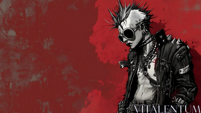 Punk rebel in spiked leather jacket against blood-red wall.