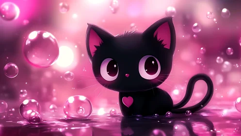 Luminescent Black Kitten in Magical Pink Bubble Environment.