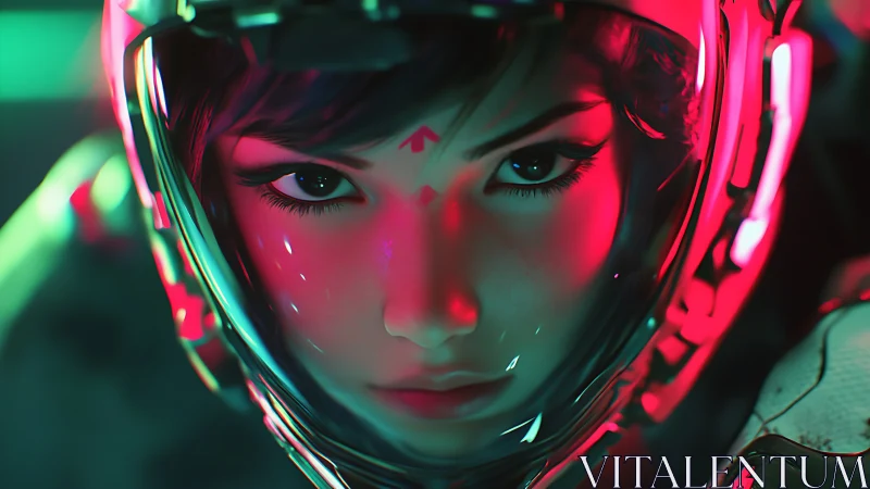 Neon-lit cyber pilot portrait under reflective visor gaze.