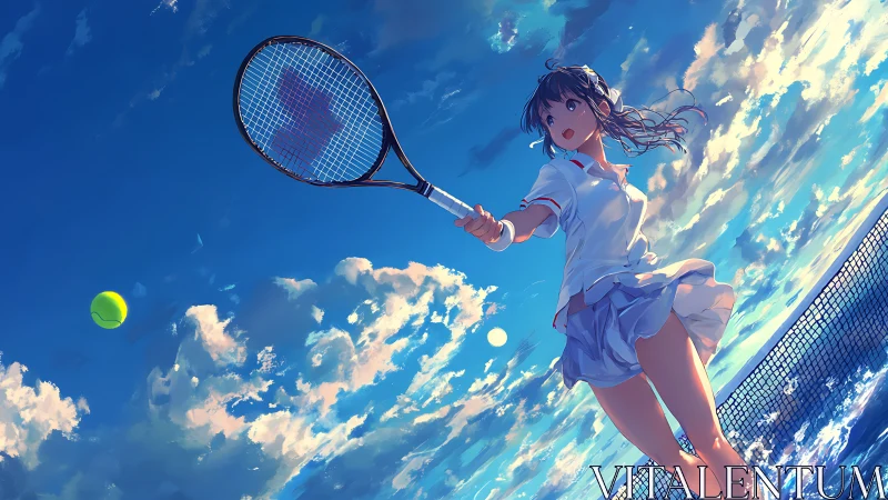 Summer sky tennis swing under swirling watercolor clouds.
