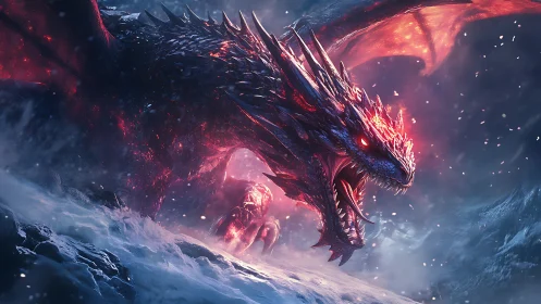 Firelit dragon in snowy landscape with glowing red wings.