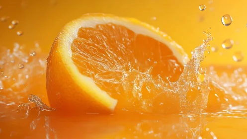 Orange slice splashing into liquid with high-speed droplets.