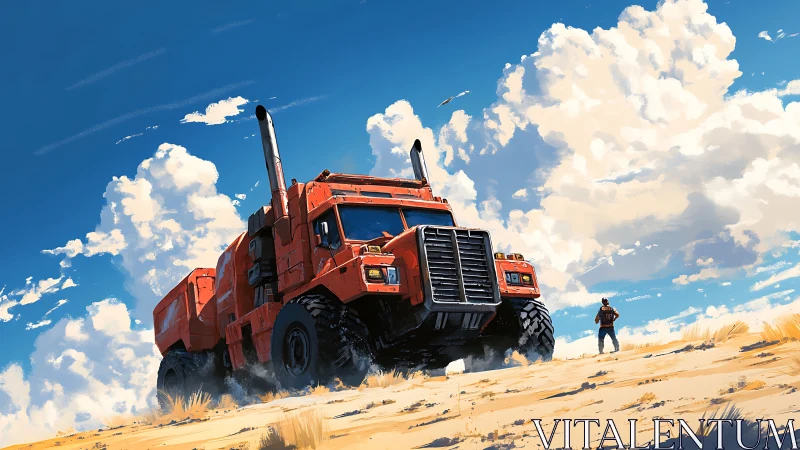 Desert titan truck rolls forward beneath towering clouds
