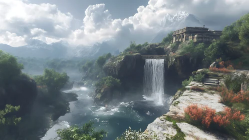 Ancient stone temple above misty river waterfall scene.