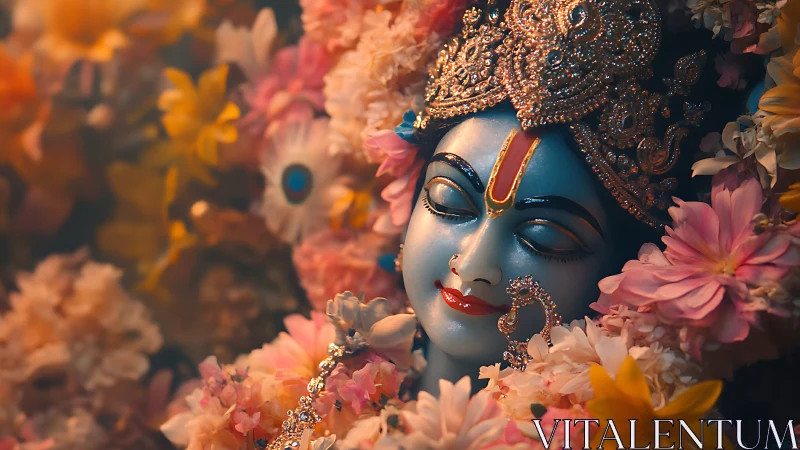Blue-skinned deity sculpture with jeweled crown amid soft florals