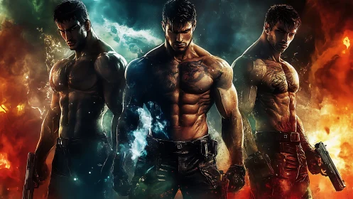 Triple gunfighters emerge from elemental fire and smoke.