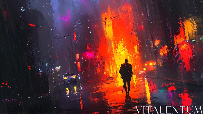 Lone figure traverses neon-soaked cyberpunk city corridor