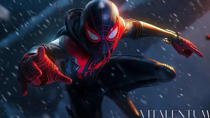 Snow-swept masked hero leaping into a neon-tinged night sky.