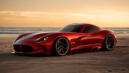 Photorealistic red supercar profile at sunset beach horizon.