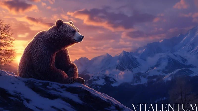 Brown bear on snowy ridge against distant mountain range.