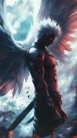 Winged warrior silhouette under dramatic celestial backlight.