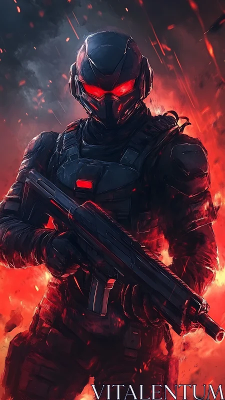 Armored futuristic soldier with rifle amid red inferno.