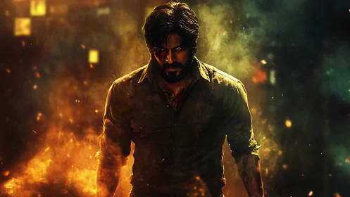 Incandescent antihero framed by volumetric fire and smoke.