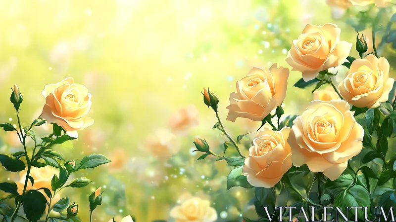 Luminous Peach Roses Blooming in Golden Garden Light.