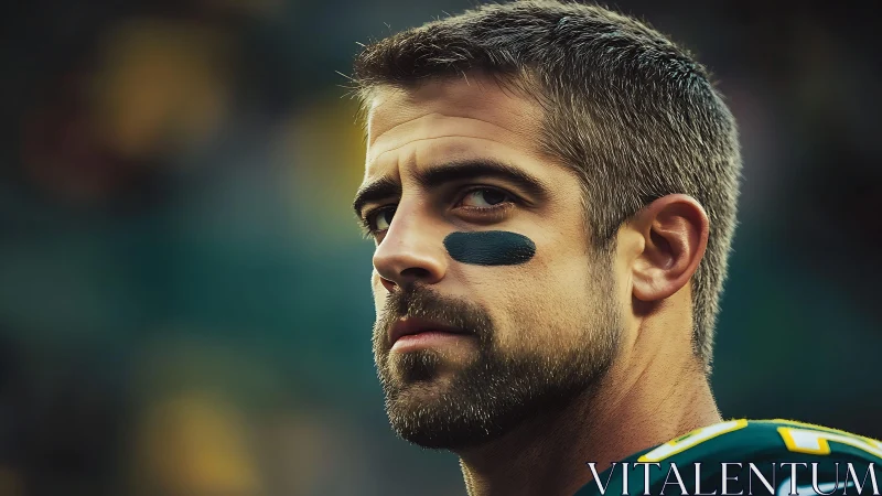 Focused football player portrait under stadium lights.