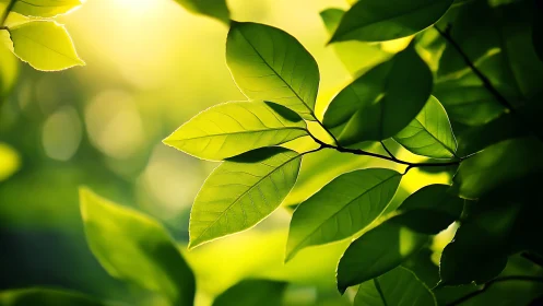 Sunlit Green Leaves Close-Up in Nature Photography Style.