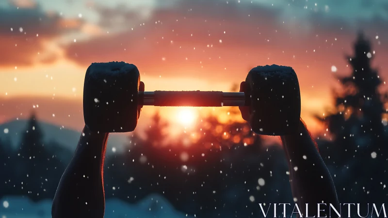 Dumbbell held overhead outdoors in snowy sunset scene.