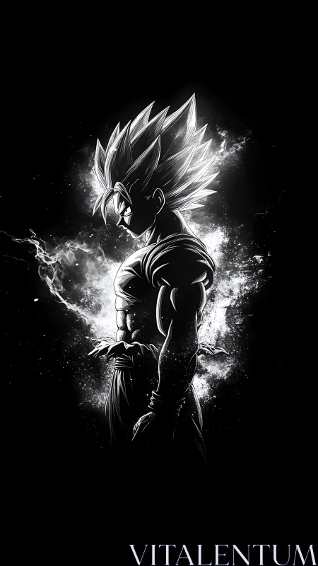 Saiyan warrior silhouette crackles with monochrome power.