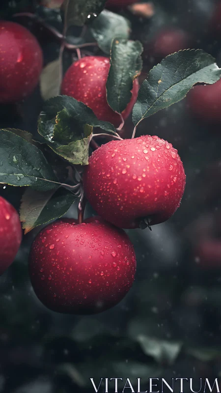 Rain-kissed red apples glowing softly on a leafy branch.