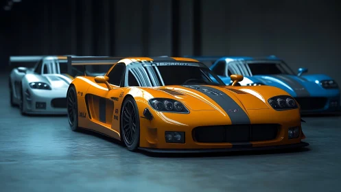 Three race cars are aligned in a dim indoor garage