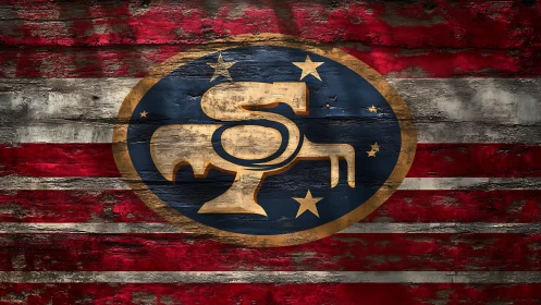 Weathered patriotic emblem on rustic wooden planks.